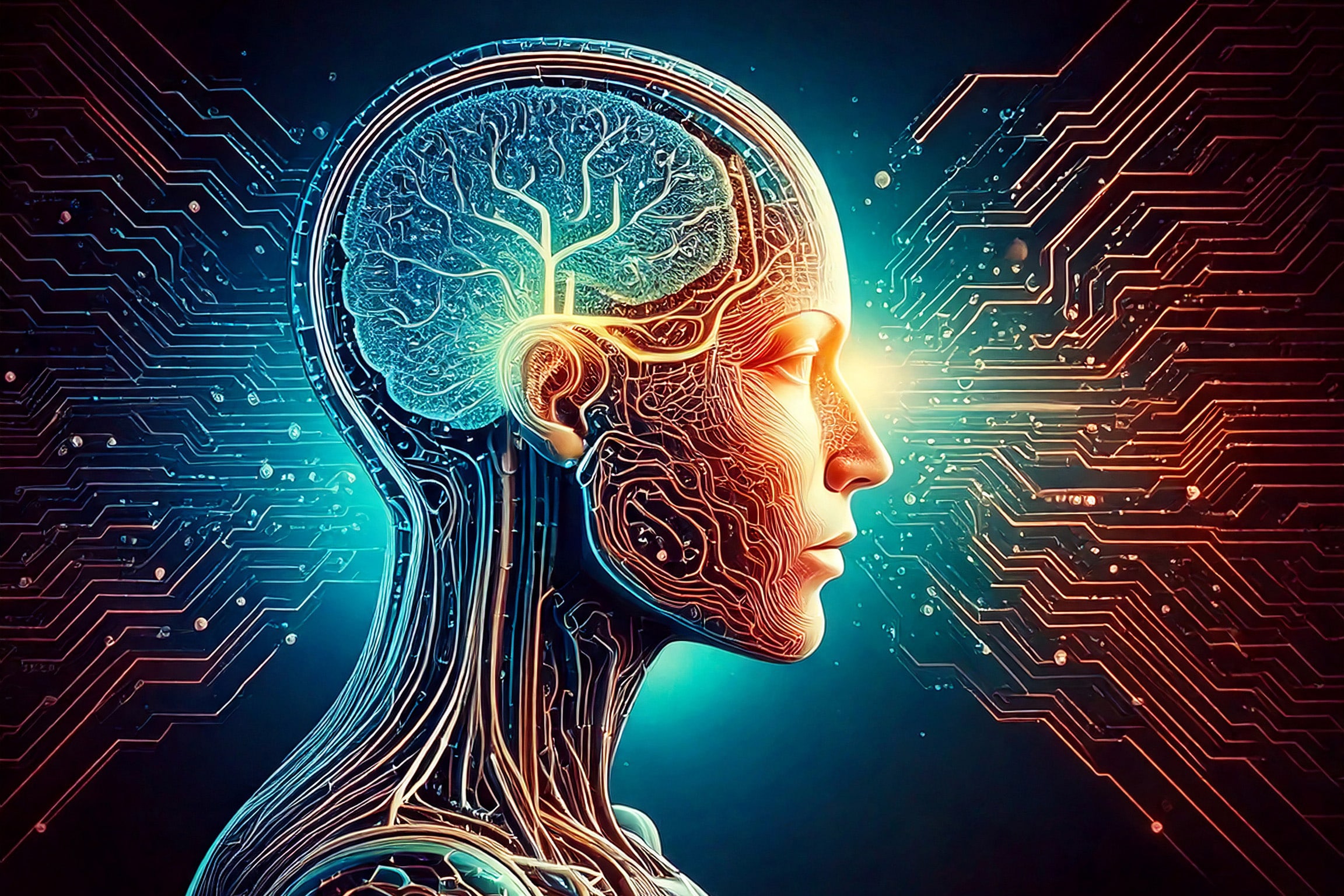 A human head that is part computer facing right, illustrating the concept that artificial intelligence allows us to interact with computers as though they are human.